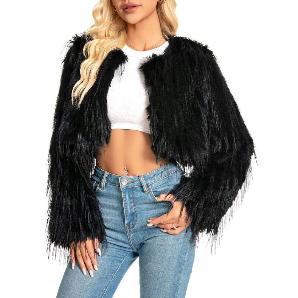 Plus Size Cropped Faux Fur Jacket Fluffy Winter Coat Women's Outerwear